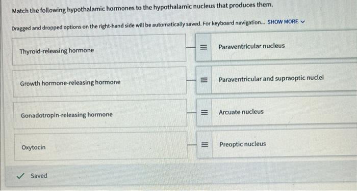 Match The Following Hypothalamic Hormones To The Hypothalamic Nucleus That Produces Them Dragged And Dropped Options On 1