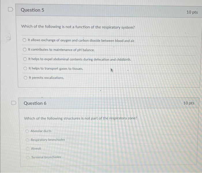 Question 5 Which Of The Following Is Not A Function Of The Respiratory System O It Allows Exchange Of Oxygen And Carbon 1