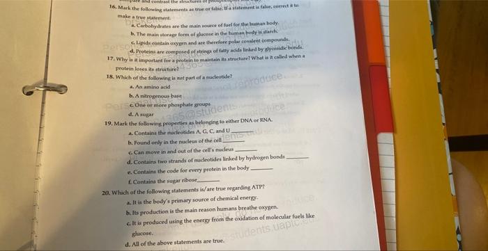 And Contrast The Structures Of 16 Mark The Following Statements As True Or False A Statement Is False Corretto Make A 1