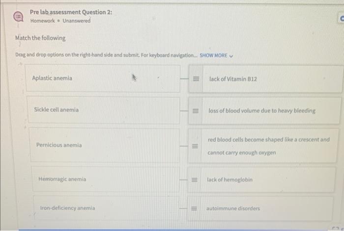 Pre Lab Assessment Question 2 Homework Unanswered Match The Following Drag And Drop Options On The Right Hand Side And 1