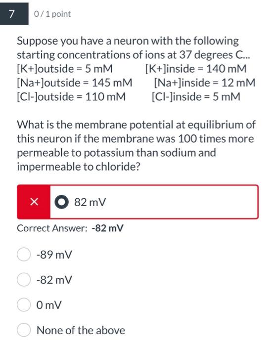 7 0 1 Point Suppose You Have A Neuron With The Following Starting Concentrations Of Ions At 37 Degrees C K Outside 1