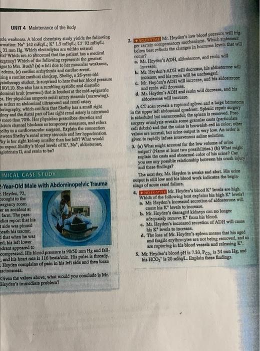 Unit 4 Maintenance Of The Body Cle Weakness A Blood Chemistry Study Yields The Following Rmation Na 142 Meq L K 1 5 M 1
