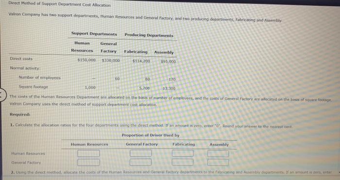 Direct Method Of Support Department Cost Allocation Valron Company Has Two Support Departments Human Resources And Gene 1
