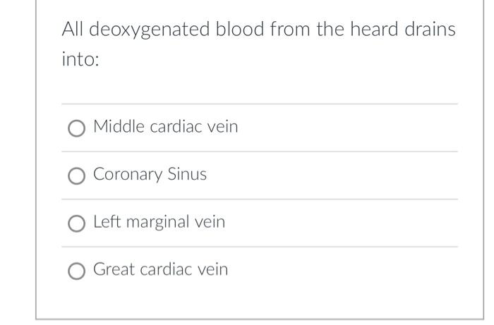 All Deoxygenated Blood From The Heard Drains Into O Middle Cardiac Vein Coronary Sinus O Left Marginal Vein Great Cardi 1