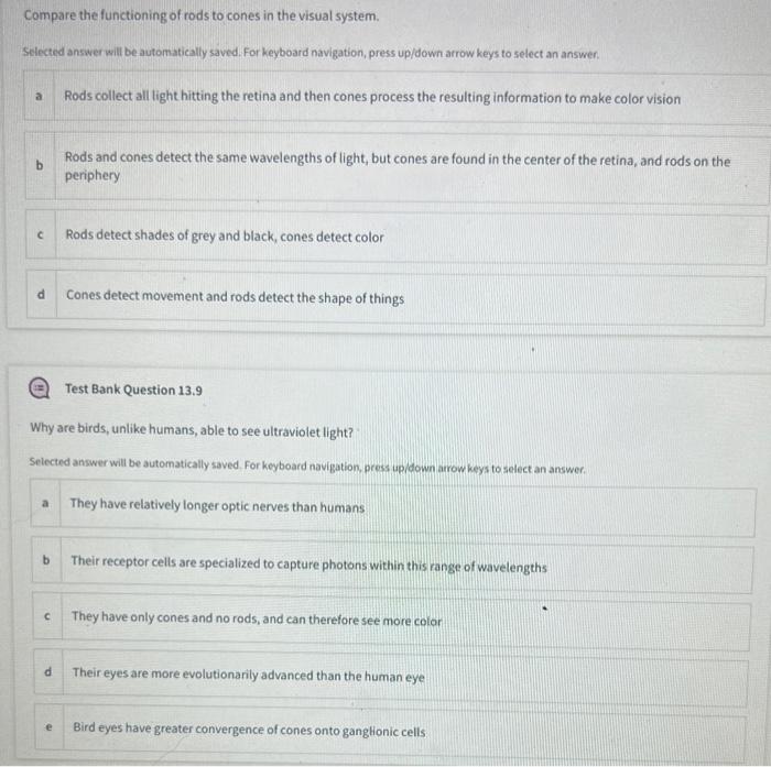 Compare The Functioning Of Rods To Cones In The Visual System Selected Answer Will Be Automatically Saved For Keyboard 1