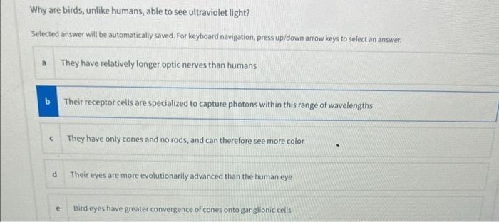 Why Are Birds Unlike Humans Able To See Ultraviolet Light Selected Answer Will Be Automatically Saved For Keyboard N 1