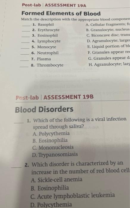 Post Lab Assessment 19a Formed Elements Of Blood Match The Description With The Appropriate Blood Componens 1 Basophil 1