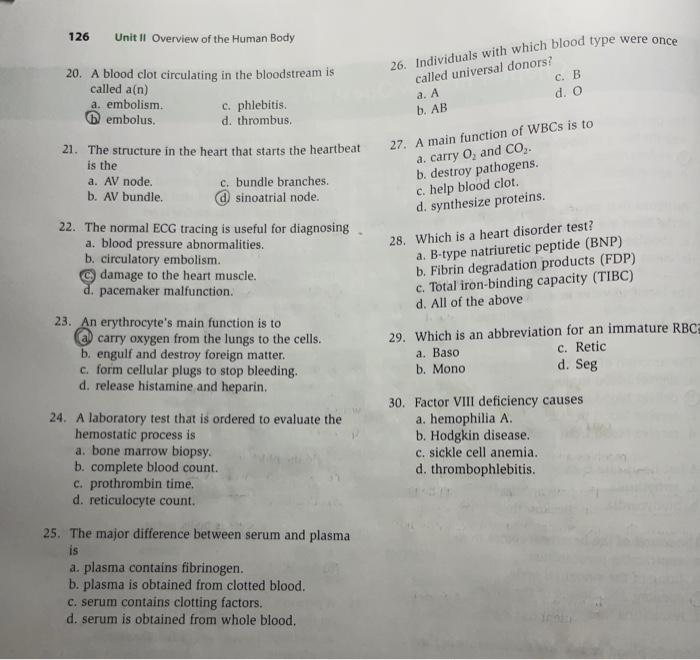 126 Unit Ii Overview Of The Human Body 20 A Blood Clot Circulating In The Bloodstream Is Called A N A Embolism Embol 1