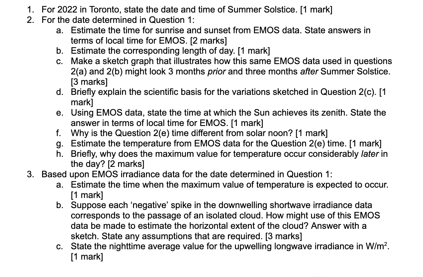 1 For 2022 In Toronto State The Date And Time Of Summer Solstice 1 Mark 2 For The Date Determined In Question 1 A 1