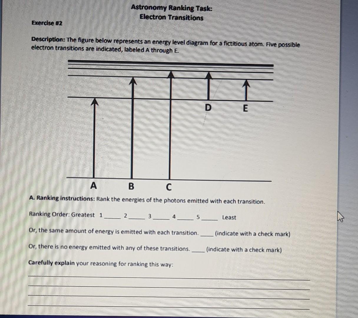 Exercise 2 Astronomy Ranking Task Electron Transitions Description The Figure Below Represents An Energy Level Diagra 1