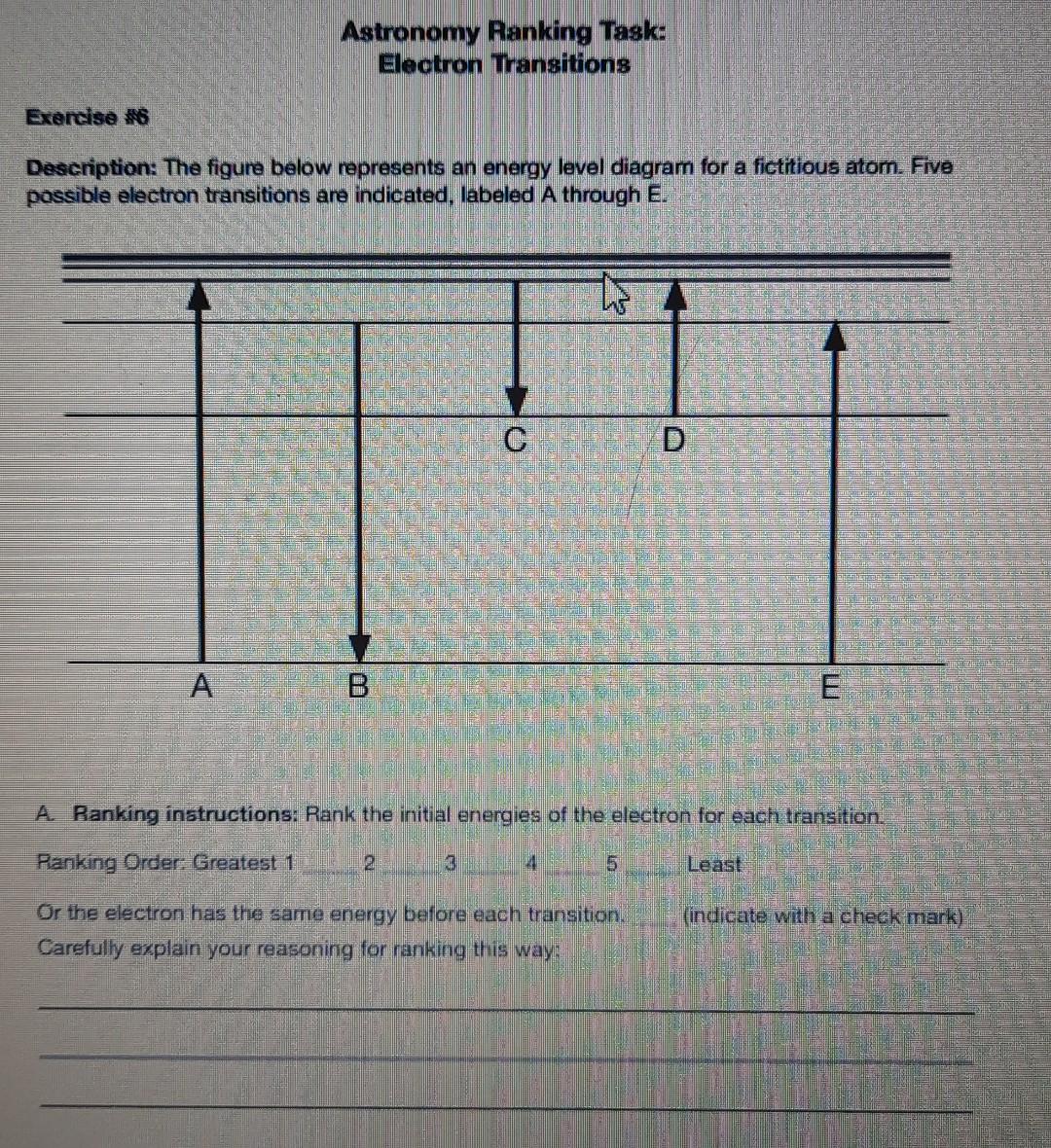 Exercise 6 Astronomy Ranking Task Electron Transitions Description The Figure Below Represents An Energy Level Diagra 1