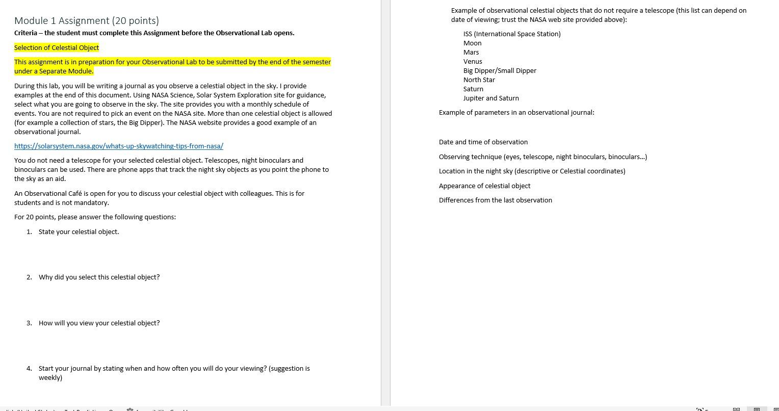 Module 1 Assignment 20 Points Criteria The Student Must Complete This Assignment Before The Observational Lab Opens 1