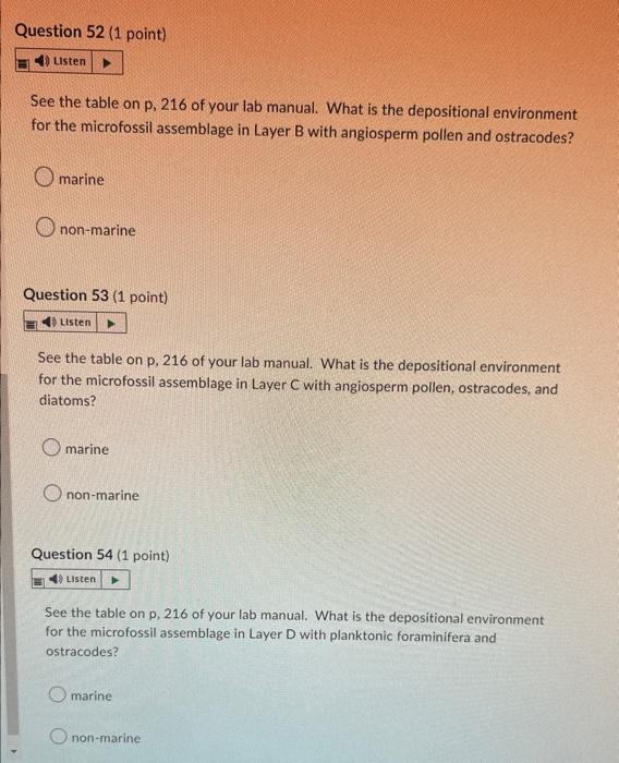 Question 49 1 Point Listen Which Microfossil Groups Lived In A Continental Nonmarine Or Freshwater Environment Sel 4