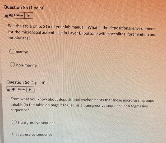 Question 49 1 Point Listen Which Microfossil Groups Lived In A Continental Nonmarine Or Freshwater Environment Sel 5