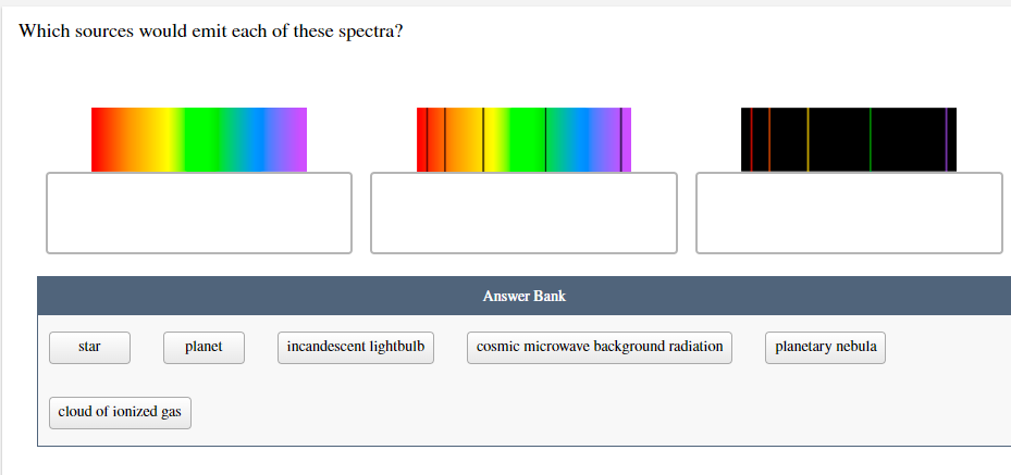 Which Sources Would Emit Each Of These Spectra Star Cloud Of Ionized Gas Planet Incandescent Lightbulb Answer Bank Cosm 1
