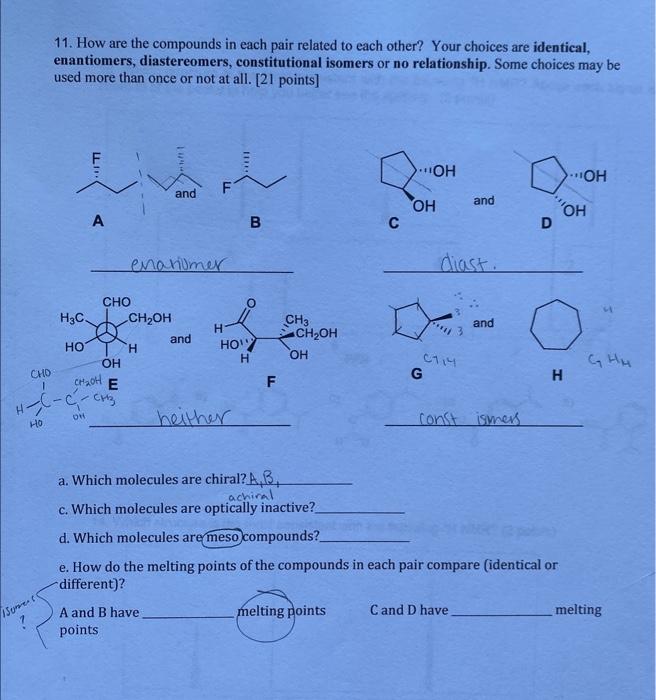 Cho 1 Ho 11 How Are The Compounds In Each Pair Related To Each Other Your Choices Are Identical Enantiomers Diastere 1