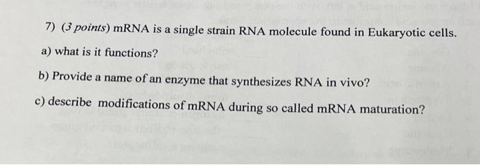 7 3 Points Mrna Is A Single Strain Rna Molecule Found In Eukaryotic Cells A What Is It Functions B Provide A Name 1
