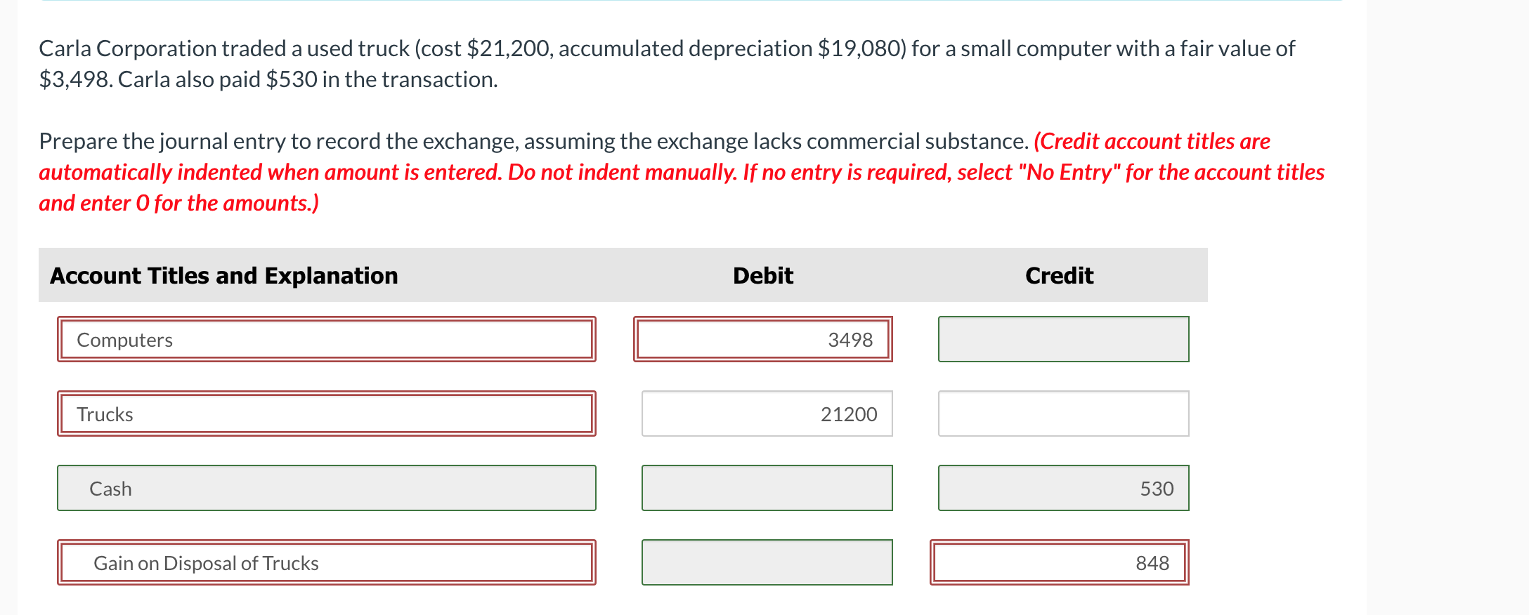 A Carla Corporation Traded A Used Truck Cost 21 200 Accumulated Depreciation 19 080 For A Small Computer With A Fai 1
