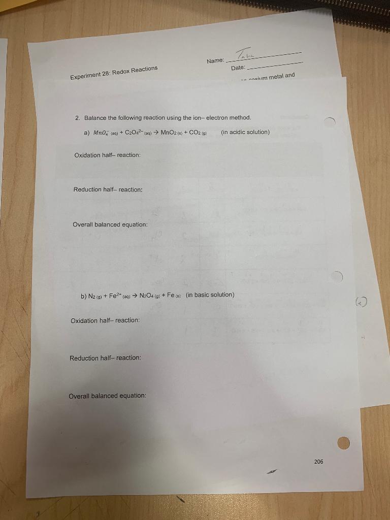 Experiment 28 Redox Reactions Oxidation Half Reaction Reduction Half Reaction 2 Balance The Following Reaction Usi 1
