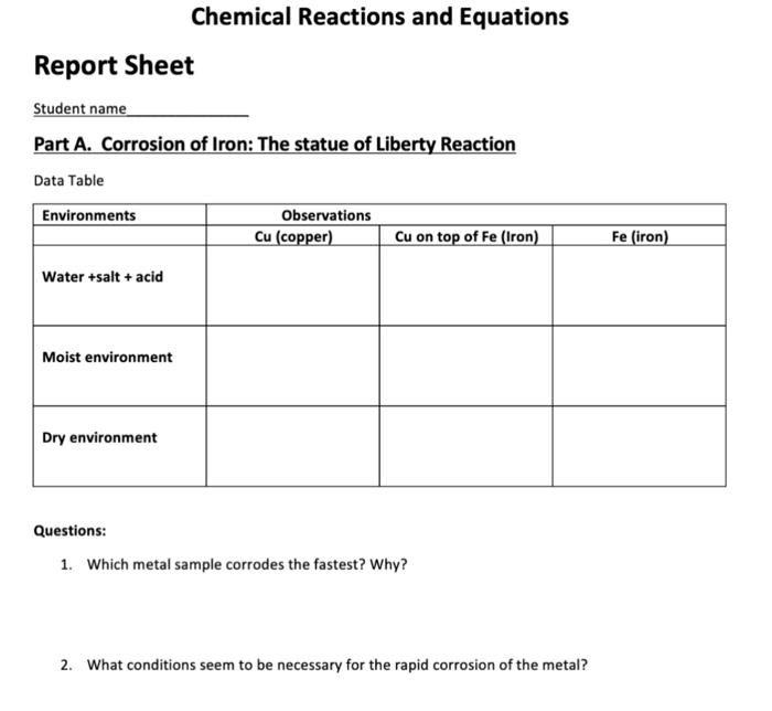 Report Sheet Student Name Part A Corrosion Of Iron The Statue Of Liberty Reaction Data Table Environments Water Salt 1