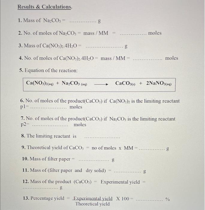Masses G Mass Of Filter Paper Mass Of Na Co3 Mass Of Ca No3 2 4h O Mass Of Filter Paper And Solid Mass Of Solid Cac 2
