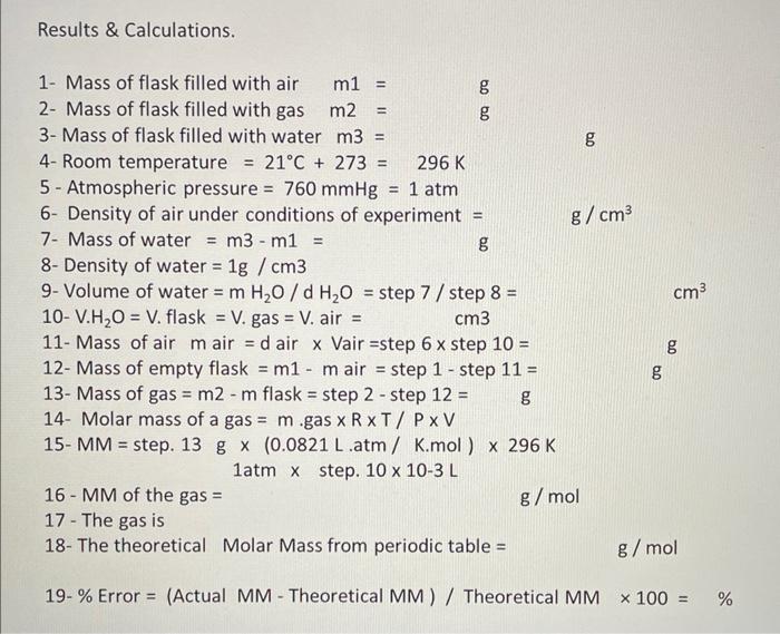 Data For Exp7 Mm Of A Gas Mass Of Flask Filled With Air Mass Of Flask Filled With Gas Mass Of Flask Filled With Water G 2