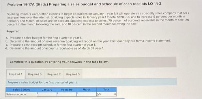Problem 14 17a Static Preparing A Sales Budget And Schedule Of Cash Receipts Lo 14 2 Spalding Pointers Corporation Exp 1