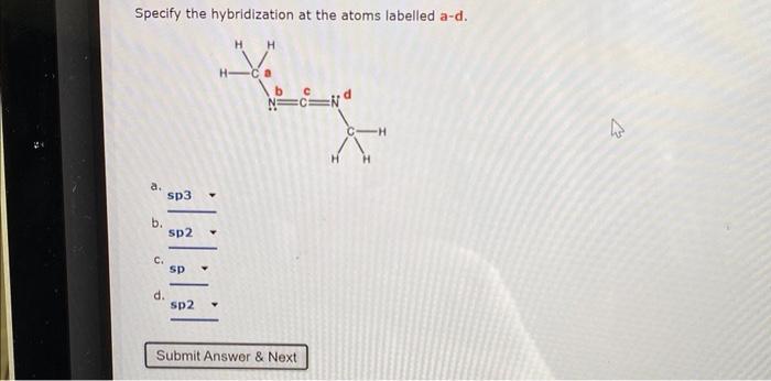 Specify The Hybridization At The Atoms Labelled A D Hh A B C D Sp3 Y Sp2 Sp Sp2 N Cin Submit Answer Next 4 1