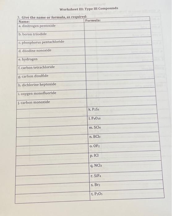 Worksheet Iii Type Iii Compounds 3 Give The Name Or Formula As Required Name A Dinitrogen Pentoxide B Boron Triio 1