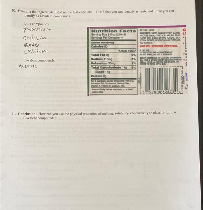 10 Examine The Ingredients Listed On The Gatorade Label List 3 That You Can Identify As Ionic And 3 That You Can Ident 1