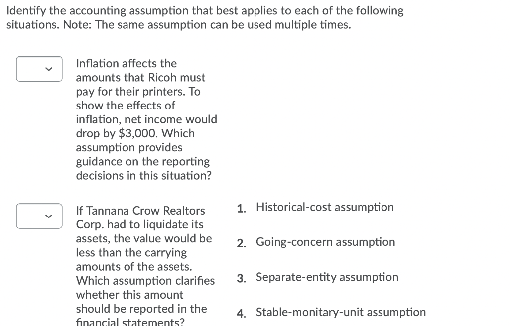 Identify The Accounting Assumption That Best Applies To Each Of The Following Situations Note The Same Assumption Can 1