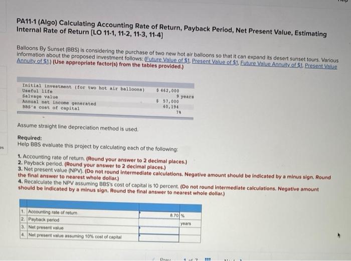 Pa11 1 Algo Calculating Accounting Rate Of Return Payback Period Net Present Value Estimating Internal Rate Of Retu 1