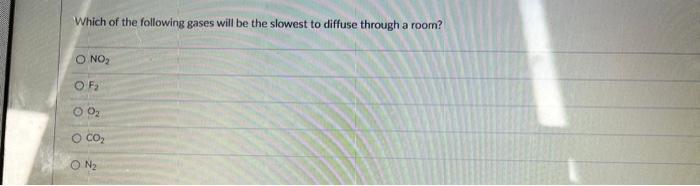 Which Of The Following Gases Will Be The Slowest To Diffuse Through A Room O No Of 0 O Co On 1