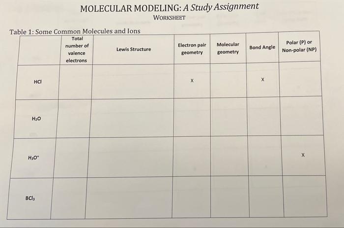 Table 1 Some Common Molecules And Ions Total Number Of Valence Electrons Hci H O H O Molecular Modeling A Study Assig 1
