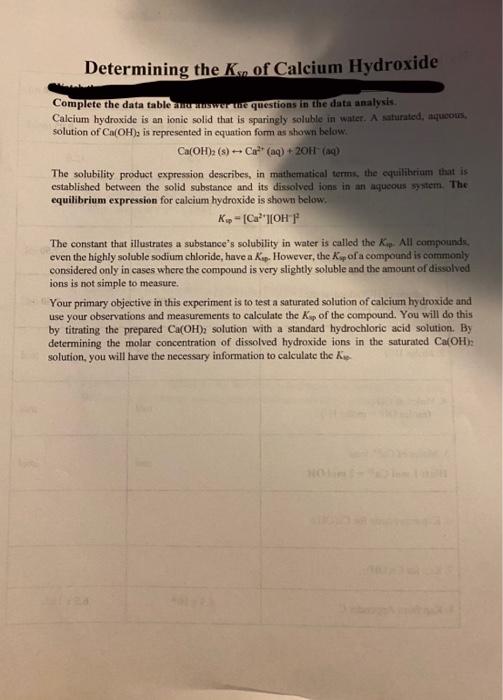 Determining The K Of Calcium Hydroxide Complete The Data Table And Answer The Questions In The Data Analysis Calcium Hy 1