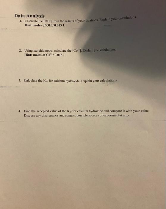Determining The K Of Calcium Hydroxide Complete The Data Table And Answer The Questions In The Data Analysis Calcium Hy 3