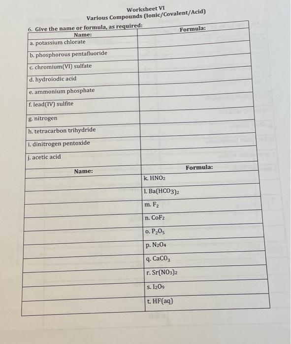Worksheet Vi Various Compounds Lonic Covalent Acid 6 Give The Name Or Formula As Required Name A Potassium Chlora 1