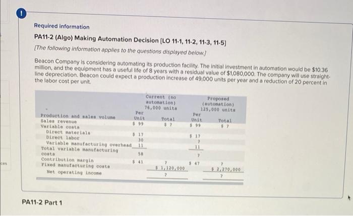 Required Information Pa11 2 Algo Making Automation Decision Lo 11 1 11 2 11 3 11 5 The Following Information A 1