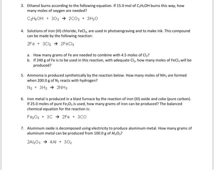 3 Ethanol Burns According To The Following Equation If 15 0 Mol Of C H5oh Burns This Way How Many Moles Of Oxygen Are 1