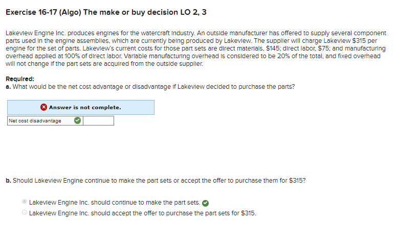Exercise 16 17 Algo The Make Or Buy Decision Lo 2 3 Lakeview Engine Inc Produces Engines For The Watercraft Industry 1