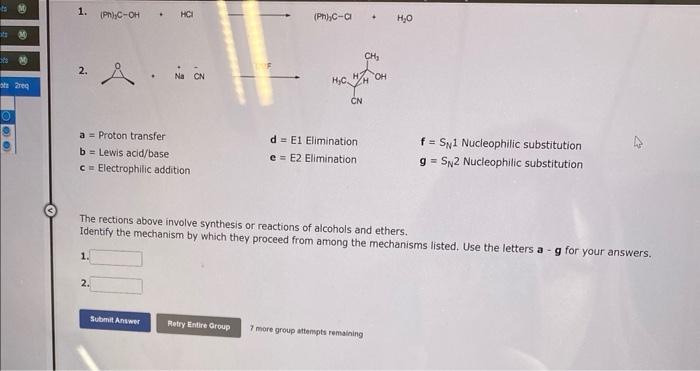 To M Its M Req 1 2 Ph C Oh 1 A Proton Transfer B Lewis Acid Base C Electrophilic Addition 2 Hci Na Cn Submit Ans 1