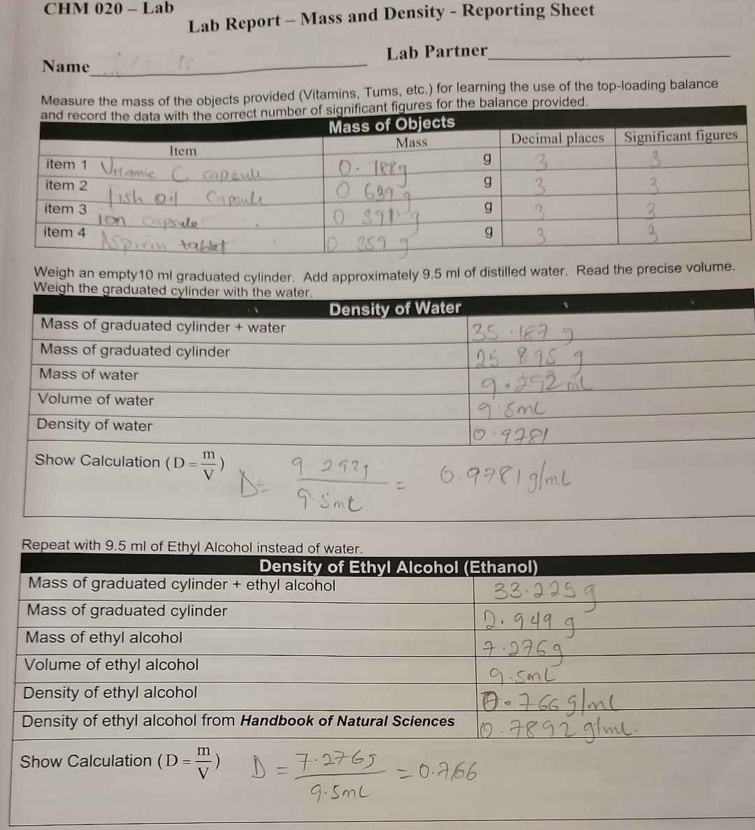 Chm 020 Lab Name Measure The Mass Of The Objects Provided Vitamins Tums Etc For Learning The Use Of The Top Load 1