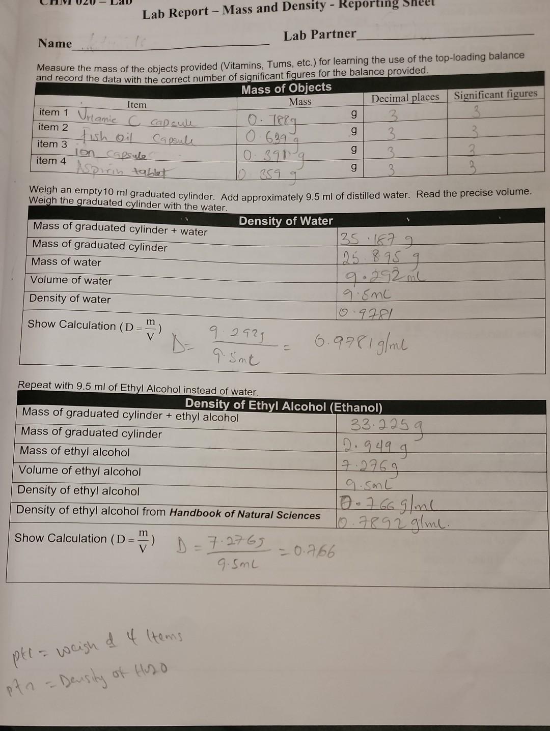 Chm 020 Lab Name Measure The Mass Of The Objects Provided Vitamins Tums Etc For Learning The Use Of The Top Load 3