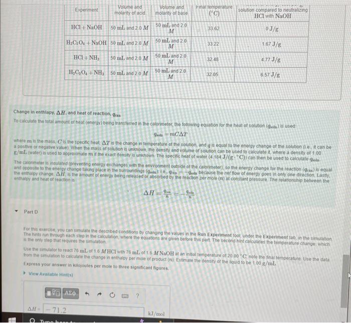 Experiment Hci Naoh Part D Volume And Molarity Of Acid H C O Naoh 50 Ml And 2 0 M 50 Ml And 2 0 M Hci Nh H C O Nh 5 1