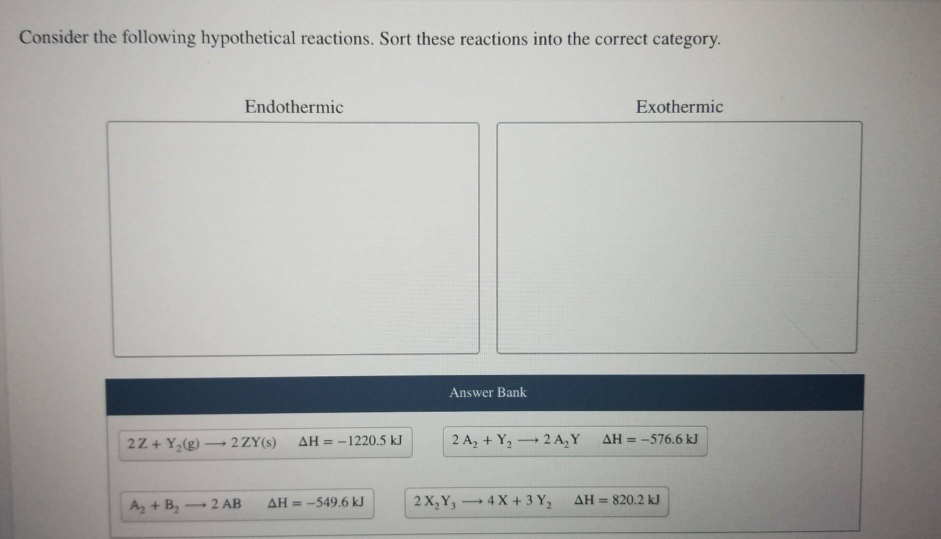 Consider The Following Hypothetical Reactions Sort These Reactions Into The Correct Category 2z Y G A B Endother 1