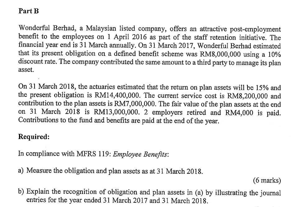 Part B Wonderful Berhad A Malaysian Listed Company Offers An Attractive Post Employment Benefit To The Employees On 1 1