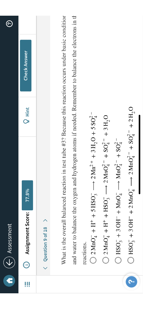 Assessment Assignment Score Question 9 Of 18 77 8 Hint Check Answer What Is The Overall Balanced Reaction In Tes 1