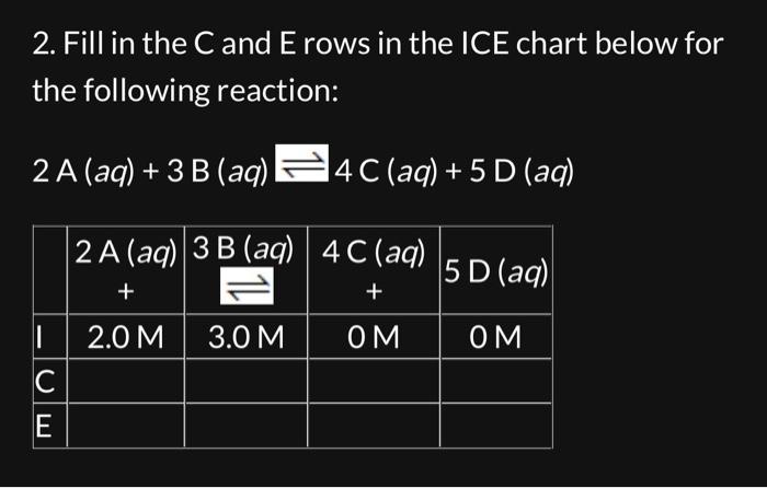 2 Fill In The C And E Rows In The Ice Chart Below For The Following Reaction 2a Aq 3 B Aq I C E 2 A Aq 3b Aq 1