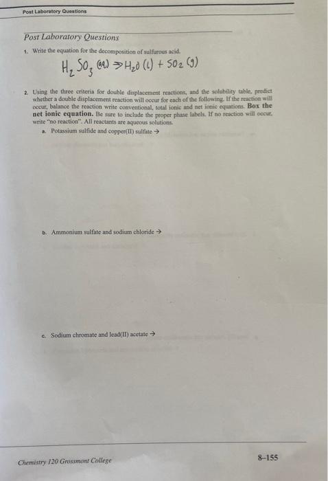 Post Laboratory Questions Post Laboratory Questions 1 Write The Equation For The Decomposition Of Sulfurous Acid H So3 1