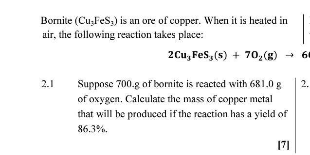 Bornite Cu3fes3 Is An Ore Of Copper When It Is Heated In Air The Following Reaction Takes Place 2 1 2cu3 Fes3 S 1